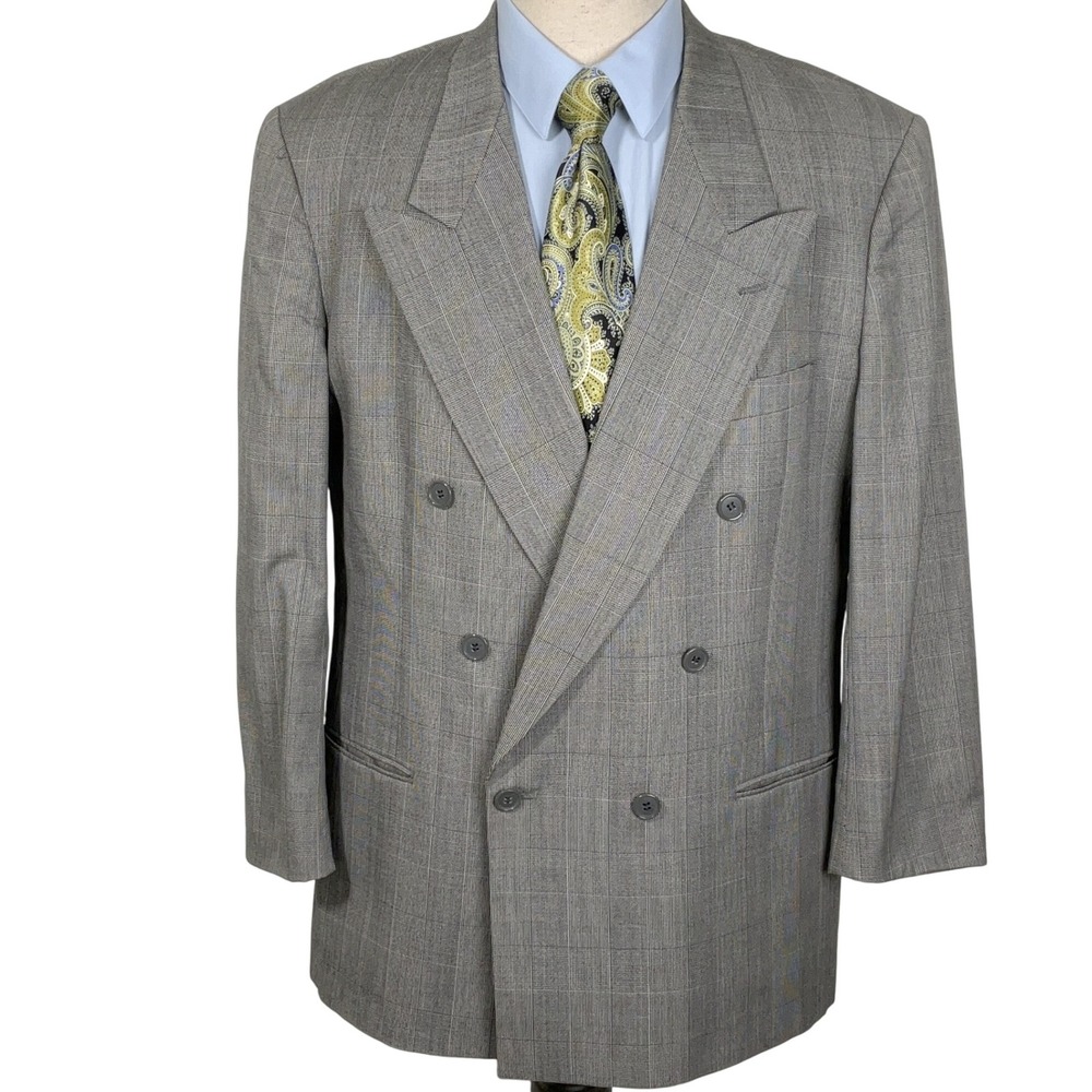 Pierre Cardin Blazer Men 44R Black White Houndstooth Double Breasted Check Plaid